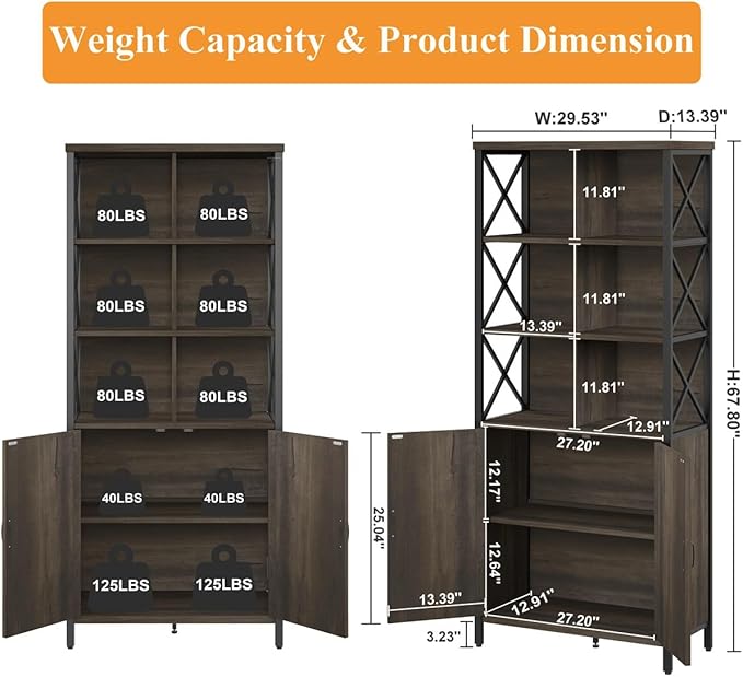 FATORRI Bookshelf with Doors, Rustic Wood Bookcase with Cabinet, Industrial Tall Cubby Book Shelf and Cube Organizer Shelf for Living Room (Walnut Brown)