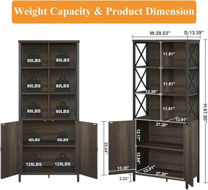 FATORRI Bookshelf with Doors, Rustic Wood Bookcase with Cabinet, Industrial Tall Cubby Book Shelf and Cube Organizer Shelf for Living Room (Walnut Brown)