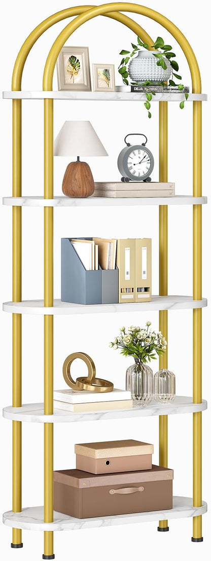 HOOBRO 5 Tier Open Bookshelf, Modern Arched Bookcase Display Shelf Racks, Wooden Bookcase Storage Shelves Metal Frame, Tall Storage Organizer for Living Room, Easy Assembly, Gold DM176SJ01