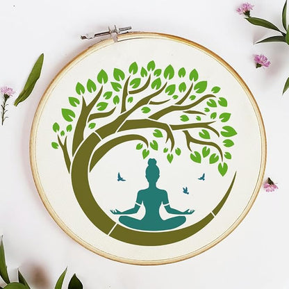 FINGERINSPIRE Tree of Life Stencil with a Paint Brush 11.8x11.8Inch Reusable Yoga Practitioner Stencil PET Birds Yoga Decoration Template Plant Theme Template for Wood Wall Floor Furniture