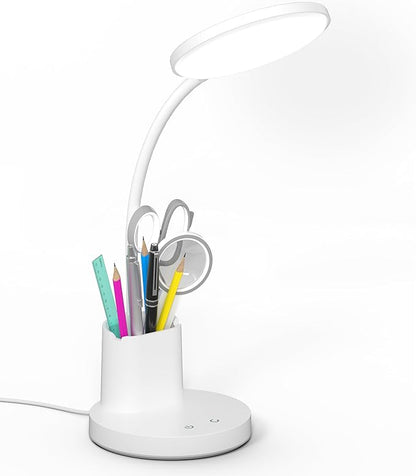 Desk Lamp, LED Desk Lamp for Home Office, Touch Table Lamp with 3 Color Modes 360° Adjustable Arm, Dimmable Desk Light with Pen Phone Holder, White