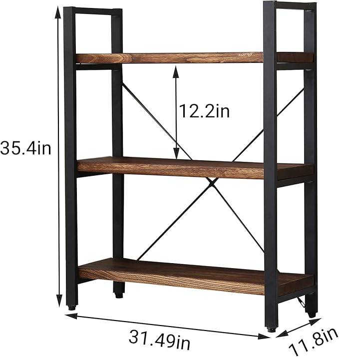 3 Tier Bookcase, Solid Wood Bookshelf Rustic Vintage Industrial Etagere Bookcase, Metal and Wood Free Vintage Bookshelf, Retro Brown (Real Wood) (3-Tier)