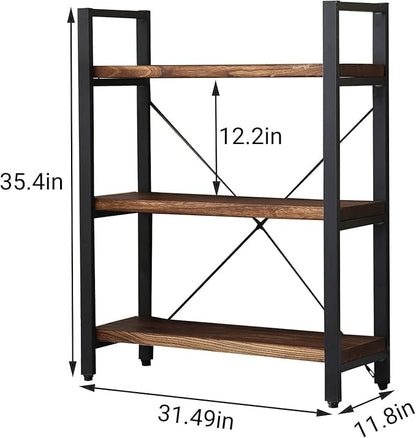 3 Tier Bookcase, Solid Wood Bookshelf Rustic Vintage Industrial Etagere Bookcase, Metal and Wood Free Vintage Bookshelf, Retro Brown (Real Wood) (3-Tier)