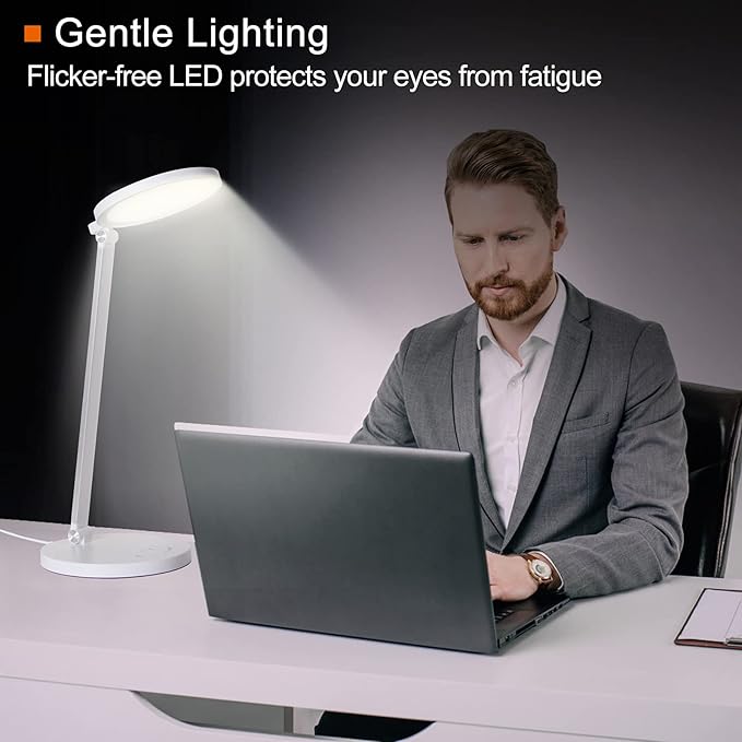 LED Desk Lamp, Aluminum Table Lamp, Dimmable Eye-Caring Table Lamp with 5 Lighting Models with 5 Brightness Levels, Touch Control and Memory Function, USB Charging Port, 8W, White……