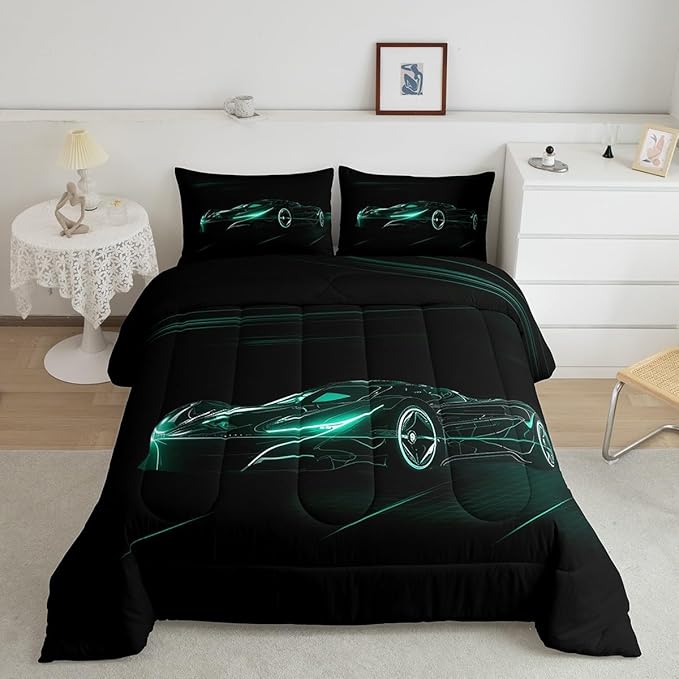 Feelyou Teal Race Car Bedding Set Full Size for Kids Boys Extreme Sport Games Comforter Set Teens Toddler Fast and Furious Duvet Set Cool Modern Quilt Set 3Pcs