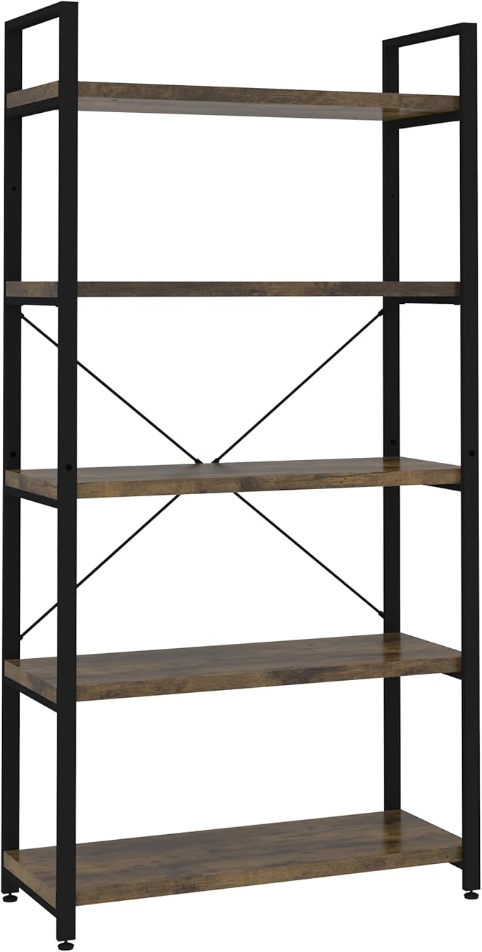 Panana 5 Tier Industrial Rustic Wooden Bookshelves, Vintage Open Wood and Metal Farmhouse Bookshelf Heavy Duty Storage Shelving Unit Rack (Brown)