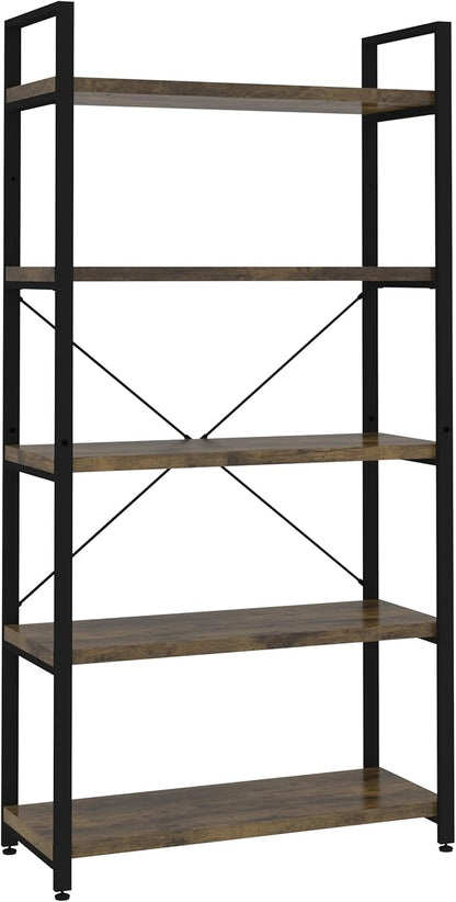 Panana 5 Tier Industrial Rustic Wooden Bookshelves, Vintage Open Wood and Metal Farmhouse Bookshelf Heavy Duty Storage Shelving Unit Rack (Brown)