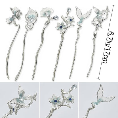 6 PCS Chinese Hair Sticks Silver Crystal Hair Stick for Buns Long Hair Chinese Hanfu Metal Hair Chopsticks Hair Bun Updo Holders Long Thick Hair Accessories for Women