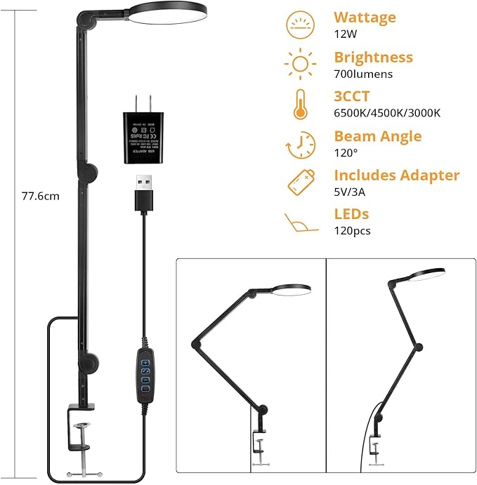 Desk Lamp with Clamp, Long Clip on Lights for Home Office, 3 Modes x 10 Brightness, Swing Arm Desk Clamp Task Table Lamps with Adapter, Black