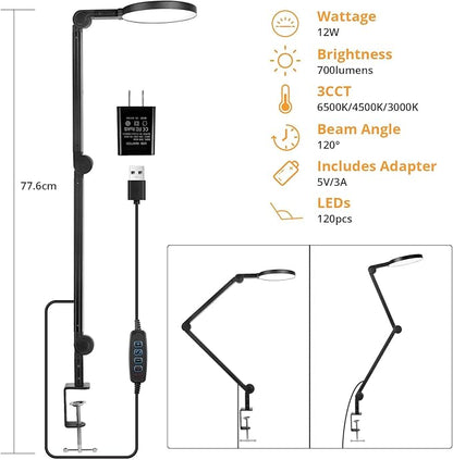 Desk Lamp with Clamp, Long Clip on Lights for Home Office, 3 Modes x 10 Brightness, Swing Arm Desk Clamp Task Table Lamps with Adapter, Black