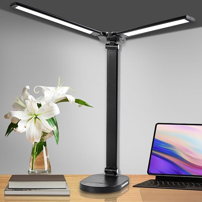 Doule Head Desk Lamp, Dimmable Desk Light, Adjustable Reading Lamps, Eye-Caring Table Lamp, Multi-Angle Adjustable and Foldabel Design Table Lamp - Black