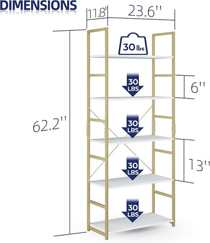NUMENN 5 Tier Bookshelf, Tall Bookcase Shelf Storage Organizer, Modern Book Shelf for Bedroom, Living Room and Home Office, White/Gold