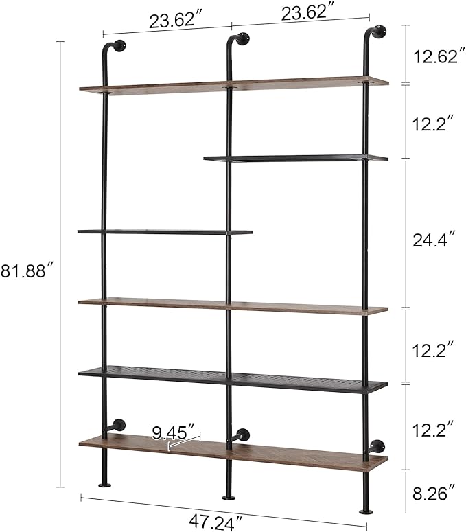 HOMISSUE Industrial Bookshelf 6-Tier Open Wall Mount Ladder Bookshelf, Modern Bookcase with Metal Frame and Wood Style for Home Office, Wall Mounted industrial Iron Pipe Shelf, Brown