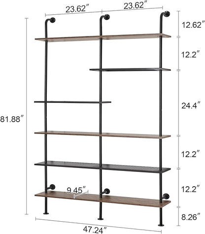 HOMISSUE Industrial Bookshelf 6-Tier Open Wall Mount Ladder Bookshelf, Modern Bookcase with Metal Frame and Wood Style for Home Office, Wall Mounted industrial Iron Pipe Shelf, Brown