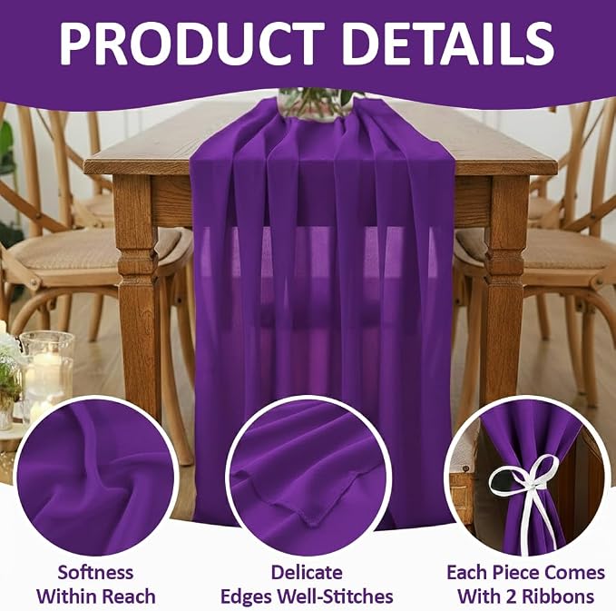 Pack of 5 | Purple | 14ft Chiffon Table Runner 29x170 Inches Long Romantic Rustic Sheer Gauze Runner for Wedding Bridal Shower Birthday Banquets Engagement Spring Easter Boho Decorations