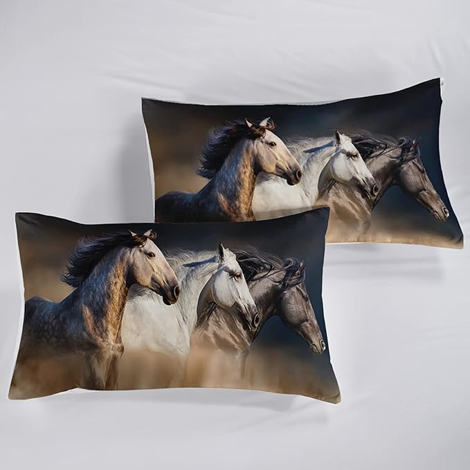 Horse Comforter Queen Size,Galloping Horse Comforter Set for Kids Teens Girls Boys,3Pcs Bedding Set Printed Comforter with 2 Pillowcases,Soft and Lightweight，Queen Size