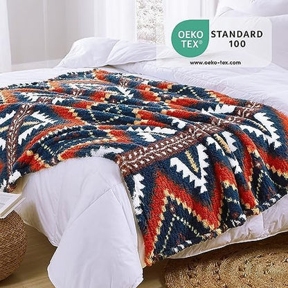 CASAAGUSTO Boho Sherpa Throw Blanket, Aztec Queen Blanket, Ultra Soft, Warm, Cozy, Plush, Thick Fleece Bohemian Throw Blanket for Couch, Bed, Sofa (Navy Blue 90 * 90 Inch)