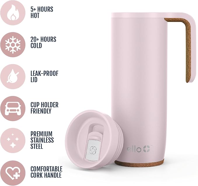 Ello Magnet 18oz Vacuum Insulated Stainless Steel Travel Mug with Side Handle and Leak-Proof Slider Lid and Built-in Coaster, Keeps Hot for 5 Hours, Perfect for Coffee or Tea, BPA-Free