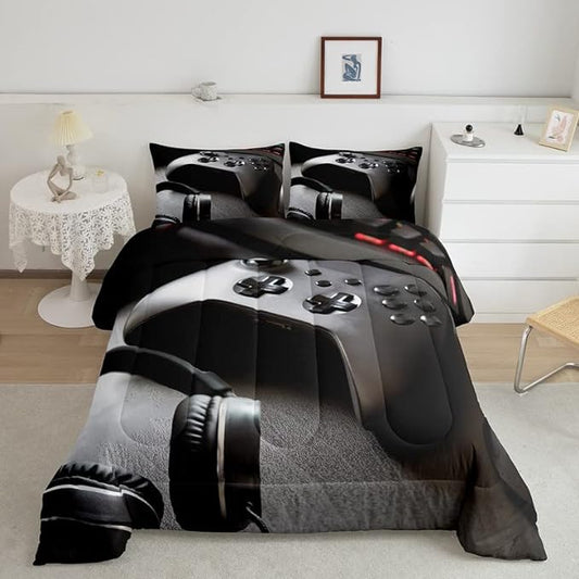 Feelyou Gaming Bedding Set Boys Game Controller Comforter for Kids Girls Teens Modern Gamer Headset Comforter Set Youth Gaming Console Video Game Decor Duvet Set with 2 Pillow Case King Size Black