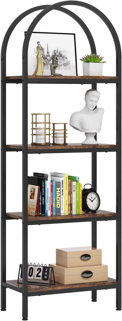 Tribesigns 4-Tier Open Bookshelf, 70.8" Industrial Arched Bookcase Storage Shelves with Metal Frame, Freestanding Display Rack Tall Shelving Unit for Office, Bedroom (Rustic Brown, 1PC)
