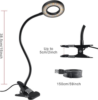 Desk Lamp Clip on Light, Desk Light 48 LED Lamp with 3 Lighting Modes, Dimmable 10 Brightness Levels, 360° Adjustable Gooseneck, Eye-Caring Small Lamp for Bed Headboard Reading（Included Adapter ）