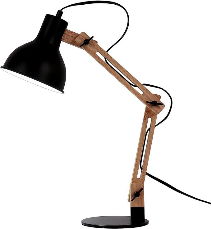FIRVRE Swing Arm Desk Lamp, Retro Desk Lamp with Adjustable Goose Neck, Architect Wooden Desk Lamp for Bedroom Study Home Office