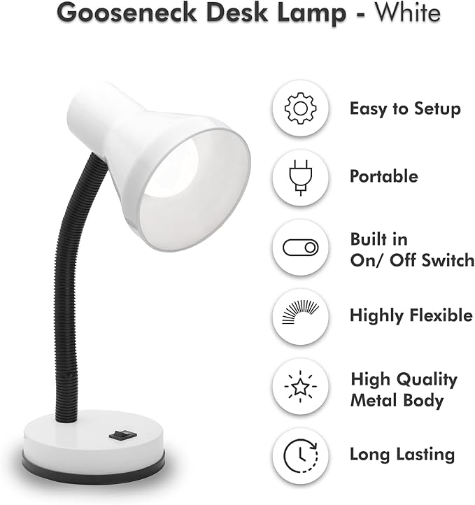 Xtricity Metal Desk Lamp with Adjustable Gooseneck Arm, 6W A19 LED Bulb Included, 120 Volt, Convenient On/Off Switch, 14" Inch Tall (36cm), White Finish