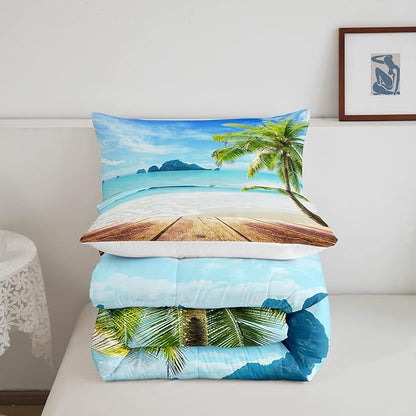 Beach Comforter Set Full Size Ocean Bedding Set Tropical Palm Tree Hawaii Ocean Duvet Set Sunny Beach Coastal Nature Theme Duvet Set Sea Wave Mountain Brown Wooden Comforter Set 2 Pillowcases, Blue