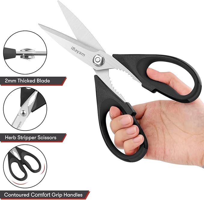 iBayam 8.7" All Purpose Kitchen Shears Heavy Duty with Protective Sheath | Built-In Bottle Opener, Durable Stainless Steel Scissors, Dishwasher Safe, Soft Grip Comfort Handle, Cooking, Food, Packaging