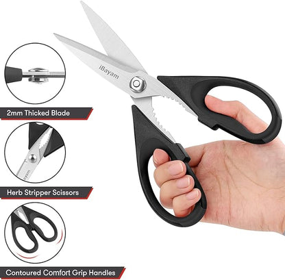 iBayam 8.7" All Purpose Kitchen Shears Heavy Duty with Protective Sheath | Built-In Bottle Opener, Durable Stainless Steel Scissors, Dishwasher Safe, Soft Grip Comfort Handle, Cooking, Food, Packaging