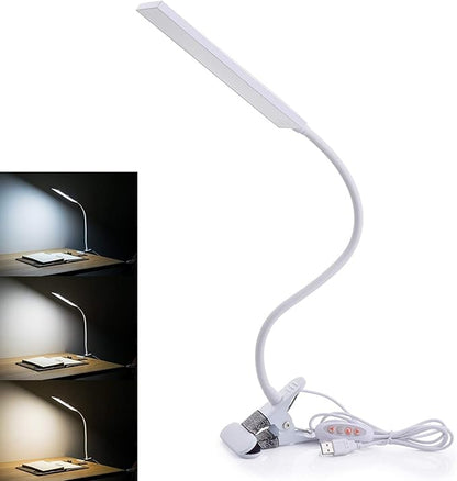LED Desk Lamp Dimmable Eye-Caring Table Lamp Reading Light Office Light Adjustable 3 Color Modes,14 Brightness Levels, Gooseneck Flexible Clip-on Light for Studying, 5W-White