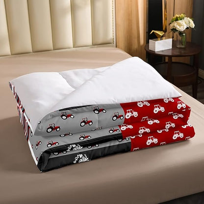 Erosebridal Red Tractor Bedding Set for Boys King,Construction Tractor Comforter Set Kids Teens Equipment Trucks Down Comforter Black White Construction Vehicle Quilt Set Bedroom Decor