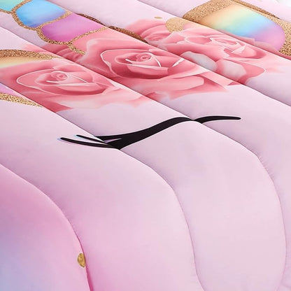 Unicorn Comforter Set Rainbow Soft Girls Unicorn Bedding with 1 Comforter 2 Pillowcases Pink Flower Unicorn Bedding Sets for Girls Twin Size
