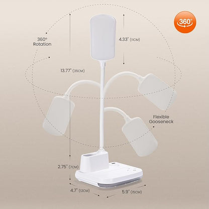 LED Rechargeable Desk Lamp, 5-in-1 Small Desk Lamp with USB Charging Port, Pen Holder, Night Light, Portable Desk Light for Home Office Student Children Kids College Dorm (White)