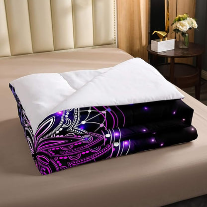 Erosebridal Dream Catcher Feather Comforter Set, Bohemian Mandala Down Comforter Queen Size for Kids Girls Boys, Starry Sky Galaxy Bedding Set Boho Tie Dye Exotic Flower Quilted Duvet, Purple