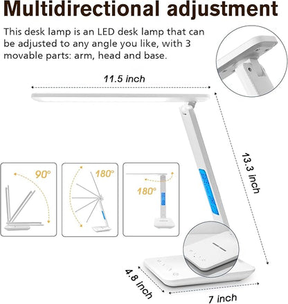 LAOPAO LED Desk Lamp with Wireless Charger, USB Charging Port, Adjustable Foldable Table Lamp with Clock, Alarm, Date, Temperature, 5-Level Dimmable Lighting, Office Lamp with Adapter, White