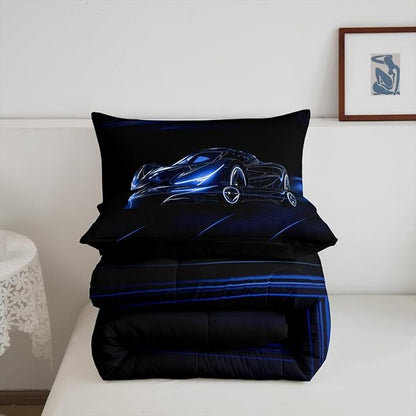 Feelyou Blue Race Car Bedding Set Queen Size for Kids Boys Extreme Sport Games Comforter Set Teens Toddler Fast and Furious Duvet Set Cool Modern Quilt Set 3Pcs