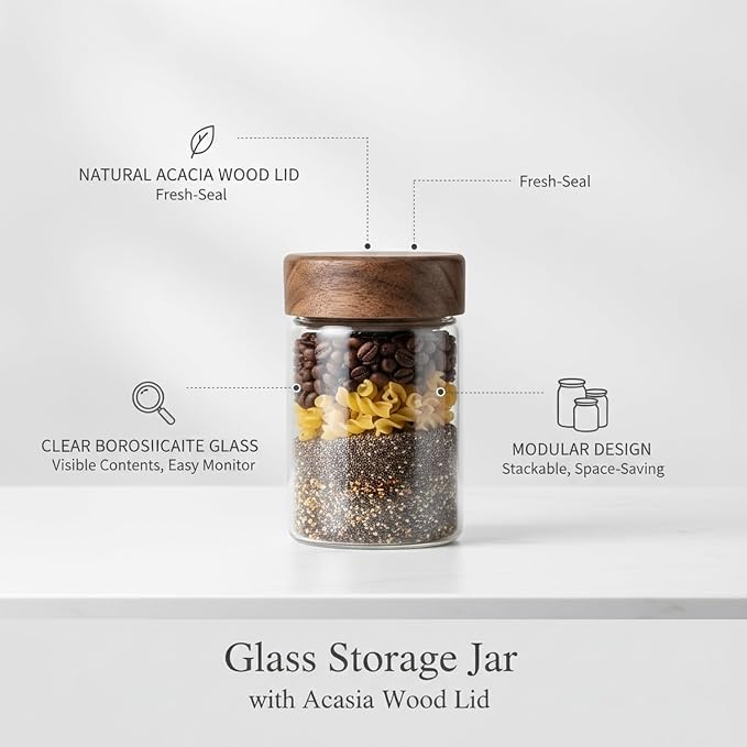 Clear Glass Storage Jar with Acacia Wood Lid - Kitchen Canister for Pantry Organization, Countertop Display, and Dry Food Storage