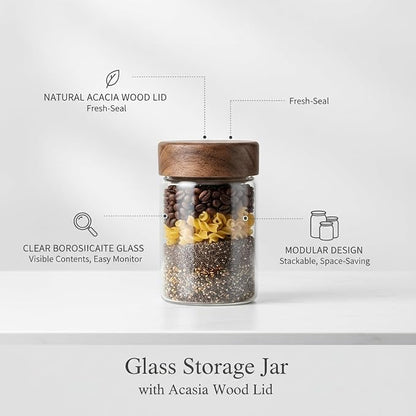 Clear Glass Storage Jar with Acacia Wood Lid - Kitchen Canister for Pantry Organization, Countertop Display, and Dry Food Storage
