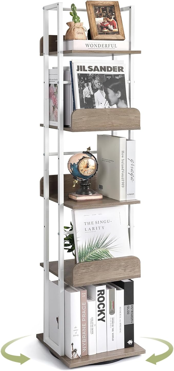 Bikoney Bookshelves 5-Tier, Rotating Bookshelf Tower for Corner, Small Bookcase, Tall Industrial Bookshelf, Narrow Bookshelf, Wood and Metal White