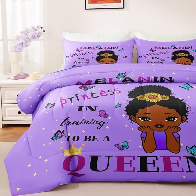 Black Girl Comforter Set Queen for Kids,Black Girl Magic Bedding Set,African American Girl Inspirational Quotes Comforter Set,Black Princess Bed Bedroom Set