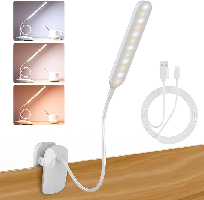 Desk Lamp, Table Lamp 1500mAh Dimmable Reading Lamp with Clamp and Type-C Charging Port, Desk Light for Home Office Reading Working Studying Gooseneck Adjustable Flexible - White