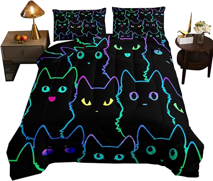 Erosebridal Girls Bedding Cartoon Cat Comforter Set Queen Size,Gradient Line Cute Cat Bedding Set for Kids Teens Boys Young Man Room Decor,Lovely Animal Kitten Print Comforter All Season,Rainbow Black