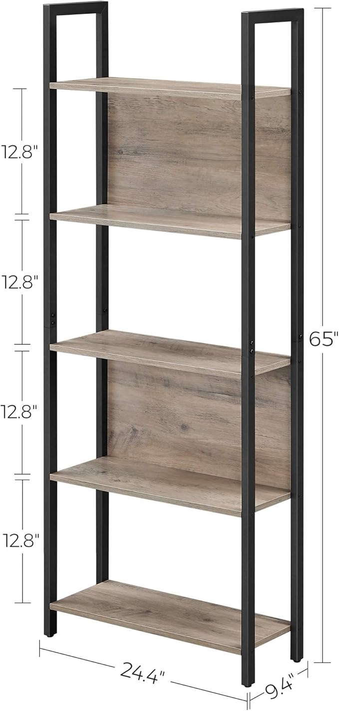 VASAGLE 5-Tier Bookshelf, Book Shelf, Industrial Bookcase, with Steel Frame, for Living Room, Home Office, Bedroom, 9.4 x 24.4 x 65 Inches, Greige and Black ULLS025B02