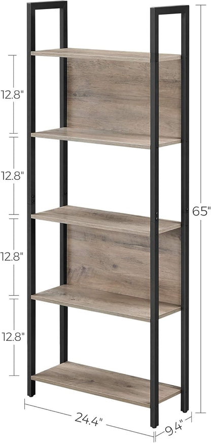 VASAGLE 5-Tier Bookshelf, Book Shelf, Industrial Bookcase, with Steel Frame, for Living Room, Home Office, Bedroom, 9.4 x 24.4 x 65 Inches, Greige and Black ULLS025B02