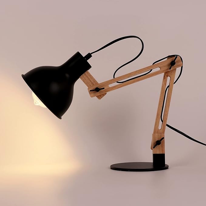 FIRVRE Swing Arm Desk Lamp, Retro Desk Lamp with Adjustable Goose Neck, Architect Wooden Desk Lamp for Bedroom Study Home Office