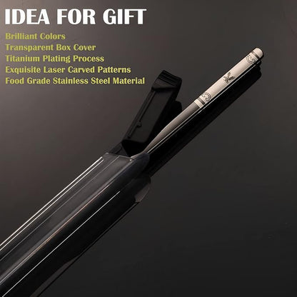 Travel Chopsticks with Case, Black Blue Eagle, 2 Pairs | Metal Stainless Steel, Titanium Plated, Reusable & Dishwasher Safe, For School, Home, Office, Outdoor, Bento Box Use