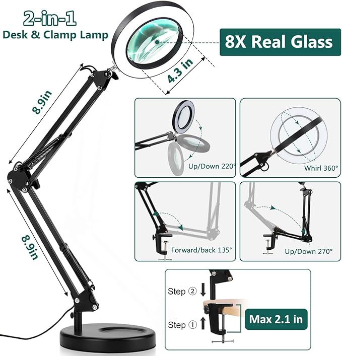 Magnifying Glass with Light and Stand, Veemagni 8X Real Glass 2-in-1 Desk Lamp & Clamp, 3 Color Modes Stepless Dimmable, LED Lighted Magnifier with Light for Hobby Reading Crafts Repair Close Works