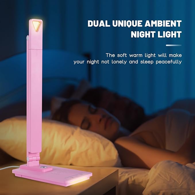 LED Desk Lamp Wireless Charger: Pink Office Table Lamps with USB Port, Reading Lamp for Home with Clock Alarm Temperature | Desk Light with Night Light, Eye-caring Smart Lamp for Dorm College