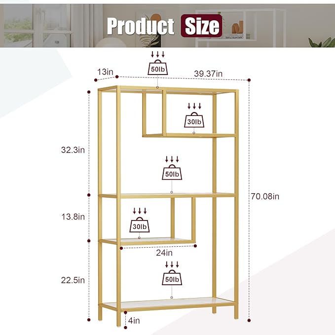 HOME BI Geometric Bookshelf, Tall Modern Etagere Bookcase, Industrial Metal Book Shelf with 5 Open Display Shelves for Office Living Room, Gold and White